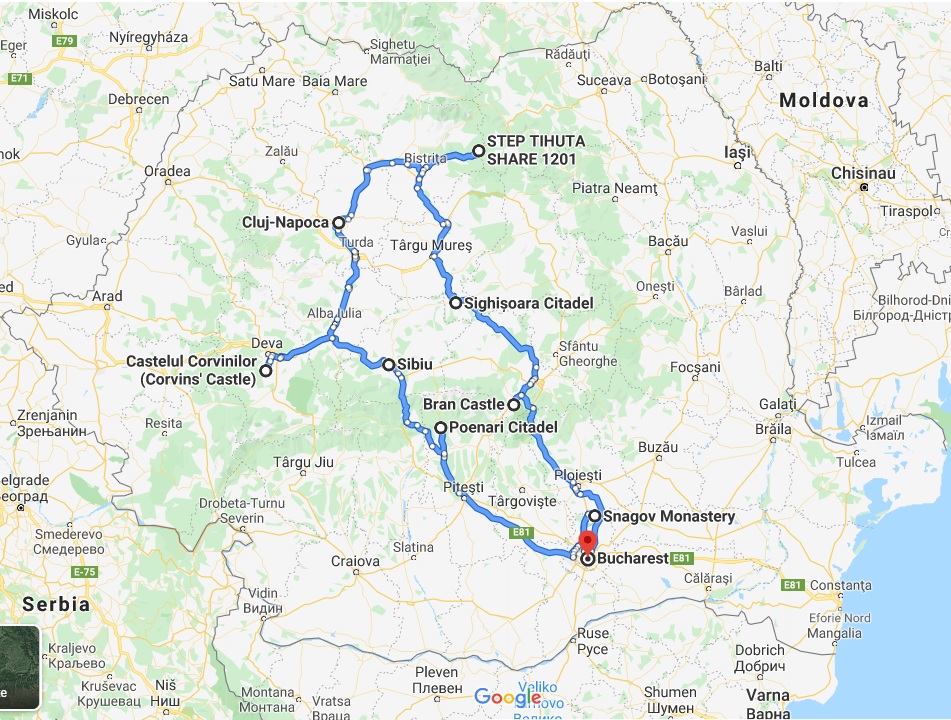 map of the Halloween in Romania awarded Dracula tour, Romania Travel Package